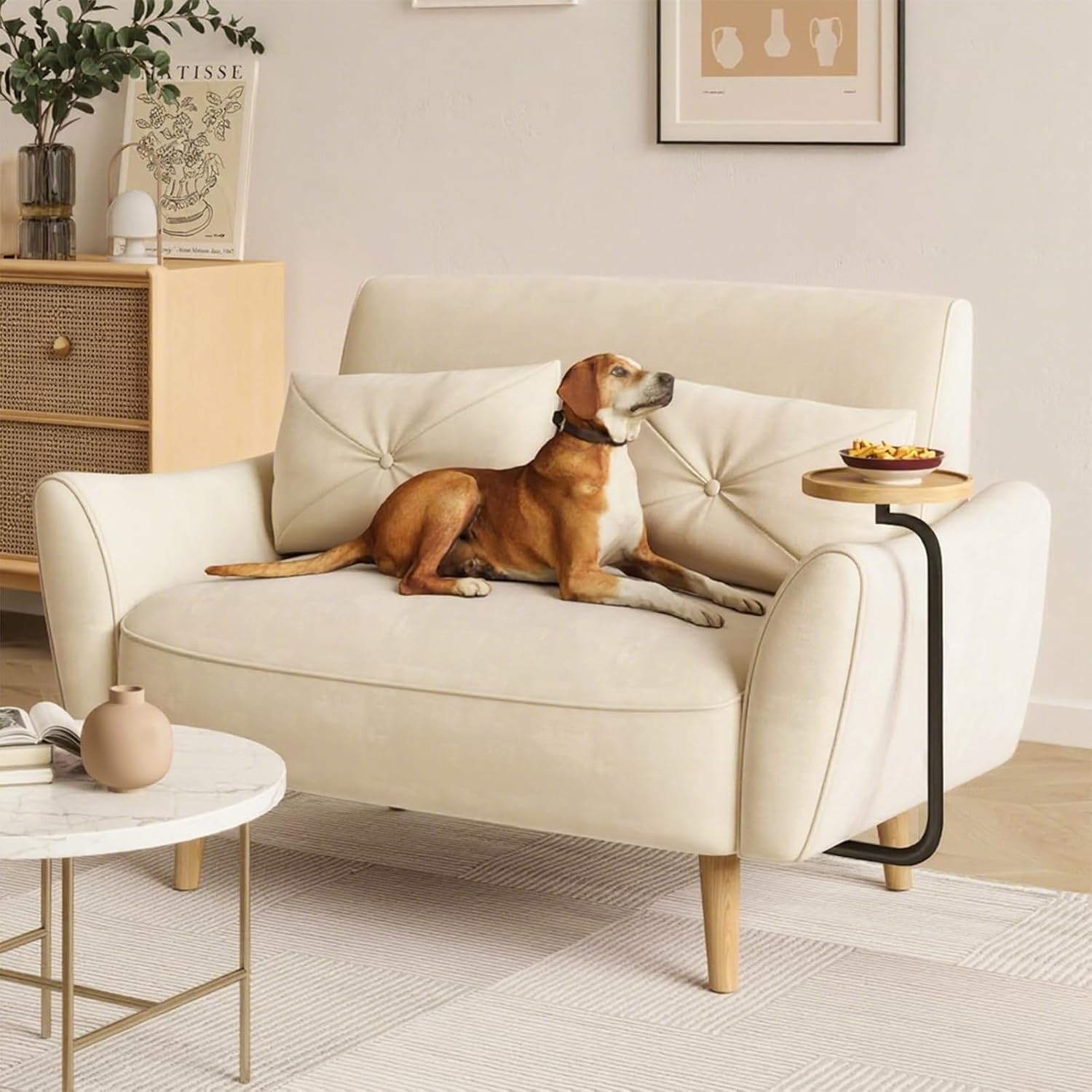Brelice Loveseat Sofa, 47' Velvet Couch for Bedroom, Convertible Wooden Tray & Ergonomic Armrest, for Small Space, Apartment, Living Room, Home Office, Easy Assembly, Beige