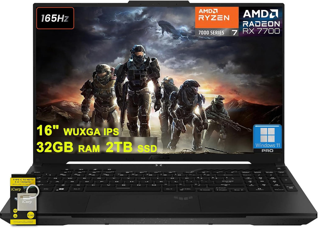 ASUS TUF Gaming A16 Laptop 16' WUXGA 165Hz 100% sRGB AMD 8-core Ryzen 7 7735HS 32GB DDR5 2TB SSD Radeon RX 7700S (>RTX4060) Backlit USB4 AI Noise Cancelation Win11Pro w/ICP Accessory