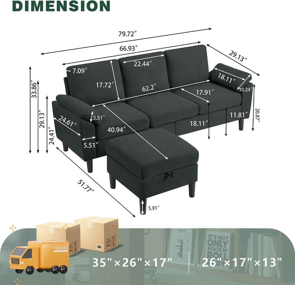 80' Convertible Sectional Sofa, Small L Shaped 3 Seat Couch with Reversible Storage Chaise, Modern Polyester Fabric Sofa Couches for Living Room, Apartment and Small Space, Black