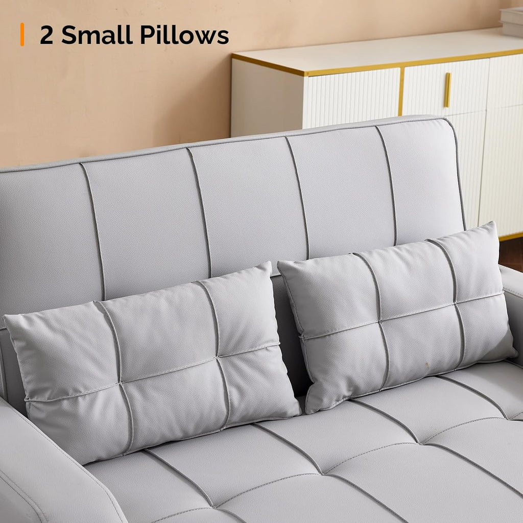 VINGLI Light Grey Futon Sofa Bed Convertible Loveseat Sleeper Couch, Faux Leather Pullout Sofa Fold Out Couch Bed with USB Ports, Cup Holders, Armrest for Living Room, Bedroom Apartment Room