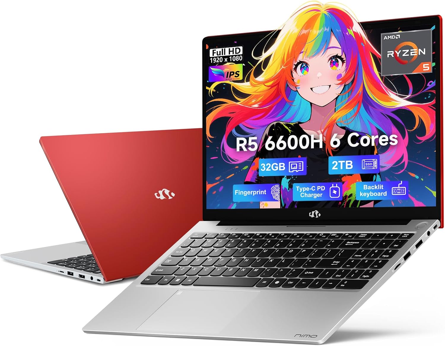 NIMO 15.6 FHD-Business-Gaming-Laptop, 6-Cores 660M GPU, AMD Ryzen 5 6600H 32GB DDR5 2TB SSD (Beat i7-1165G7, Up to 4.5GHz) IPS Laptop Computer with 100W Type C Fingerprint Backlit Keyboard