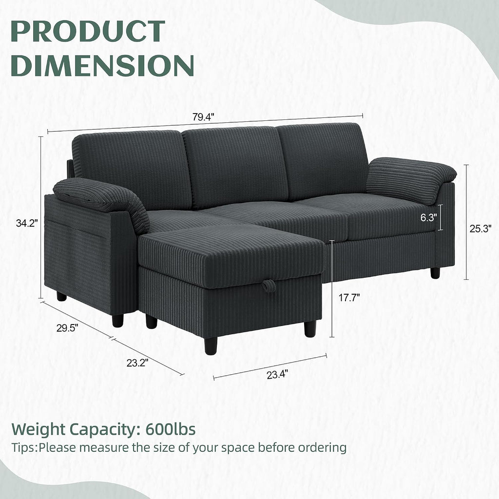 Vongrasig 79' Convertible Sectional Couches Sofa with Storage Ottoman, 3 Seat L Shaped Couch with Side Storage Pockage, Small Couches for Living Room, Apartment and Small Space, Grey