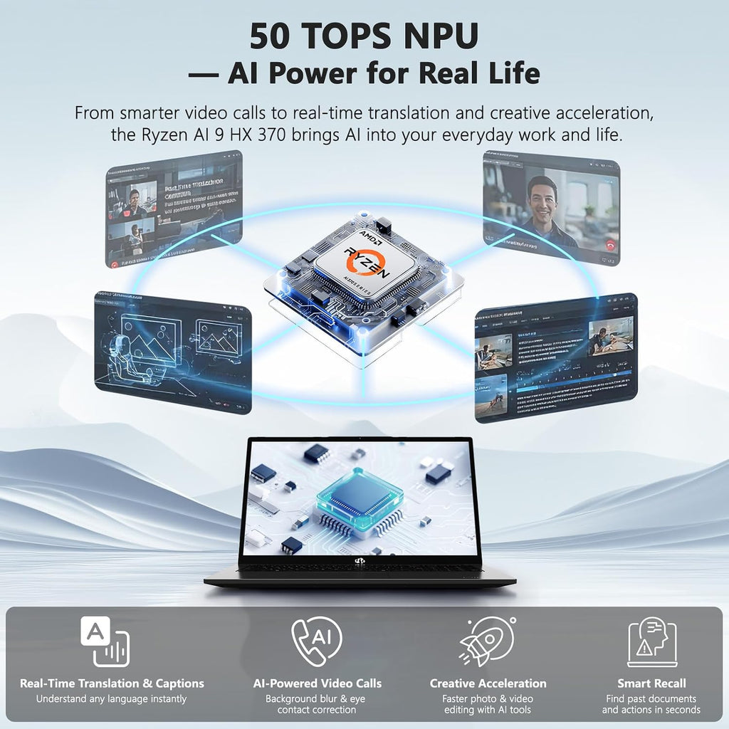 NIMO AI Copilot+ PC Business-Laptop, 17.3' Laptop, AMD Ryzen AI 370(12C/24T, 50 Tops NPU), Radeon 890M, 64GB RAM 4TB SSD, 144Hz, PD 100W USB-C 4.0, AI-PC with Wi-Fi 6E for Working Business Creation