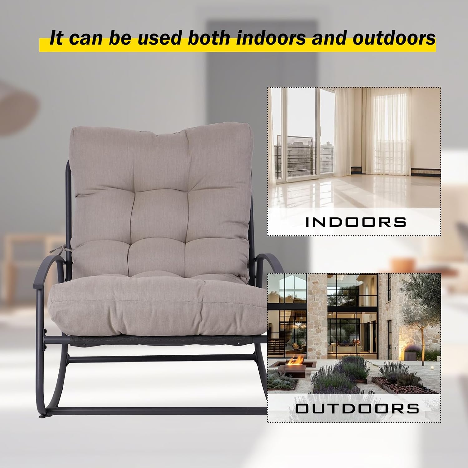 GLORY PATIO Cozy Papasan Rocking Chair with Thick Cushion, Indoor & Outdoor for Front Porch, Garden, Backyard (Rocking chiar, Light Gray)