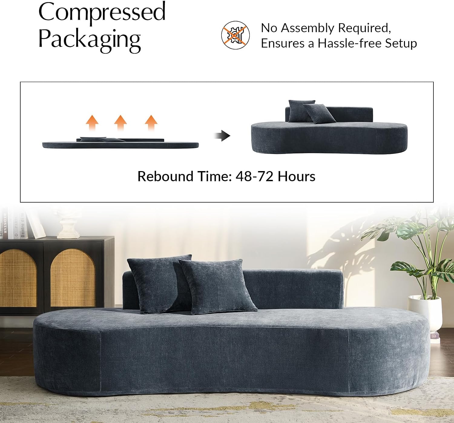 HULALA HOME 94.5' Curved Boneless Couch with Two Pillows, Oversized 3 Seater Compressed Foam Sofa with Deep Seat, Modern Cloud Couch for Living Room, No Assembly Required, Blue