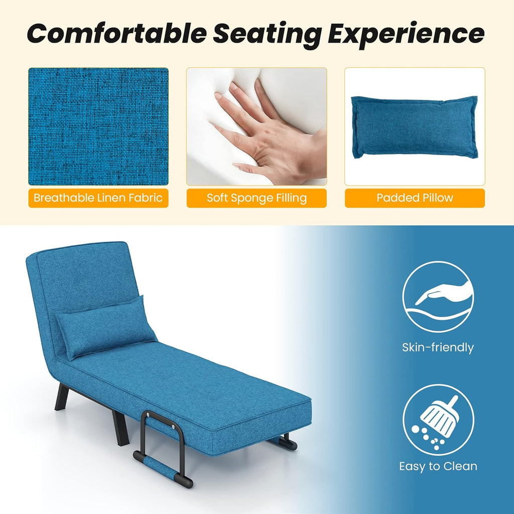 Giantex Convertible Sofa Bed, 4-in-1 Folding Sleeper Chair w/Pillow, Modern Recliner Guest Bed with 6 Positions Adjustable Backrest, Metal Legs, Linen Armchairs for Nursery Living Room Office (Blue)