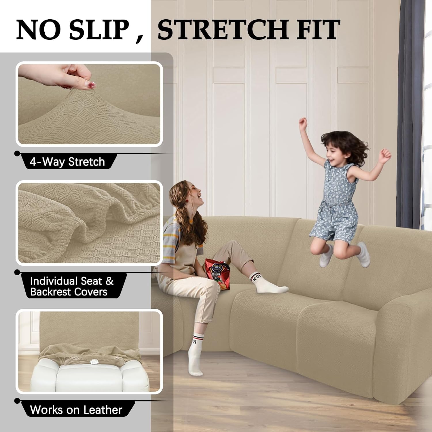 Couch Covers for Sectional Sofa Reclining L Shape Waterproof Washable Sectional Couch Covers Super Stretch Recliner Sofa Slipcover(5 Seater Cover, Brownish Yellow)