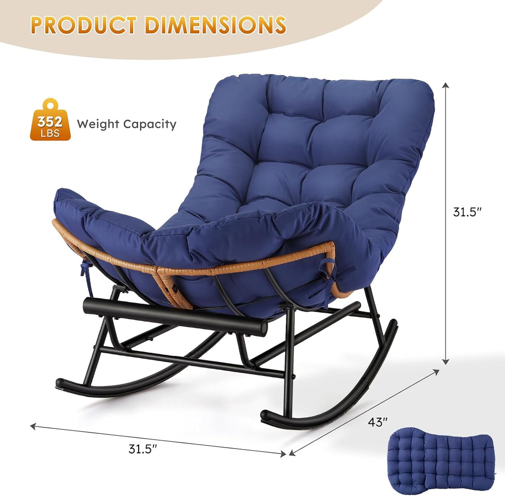 Garvee 2PCS Papasan Rocking Chair with Foot Rest, Oversized Papasan Chair with Thick Removable Cushion and Metal Frame, Lounge Chairs and PE Rattan Rocker for Patio, Porch, Garden, Lawn, Living Room