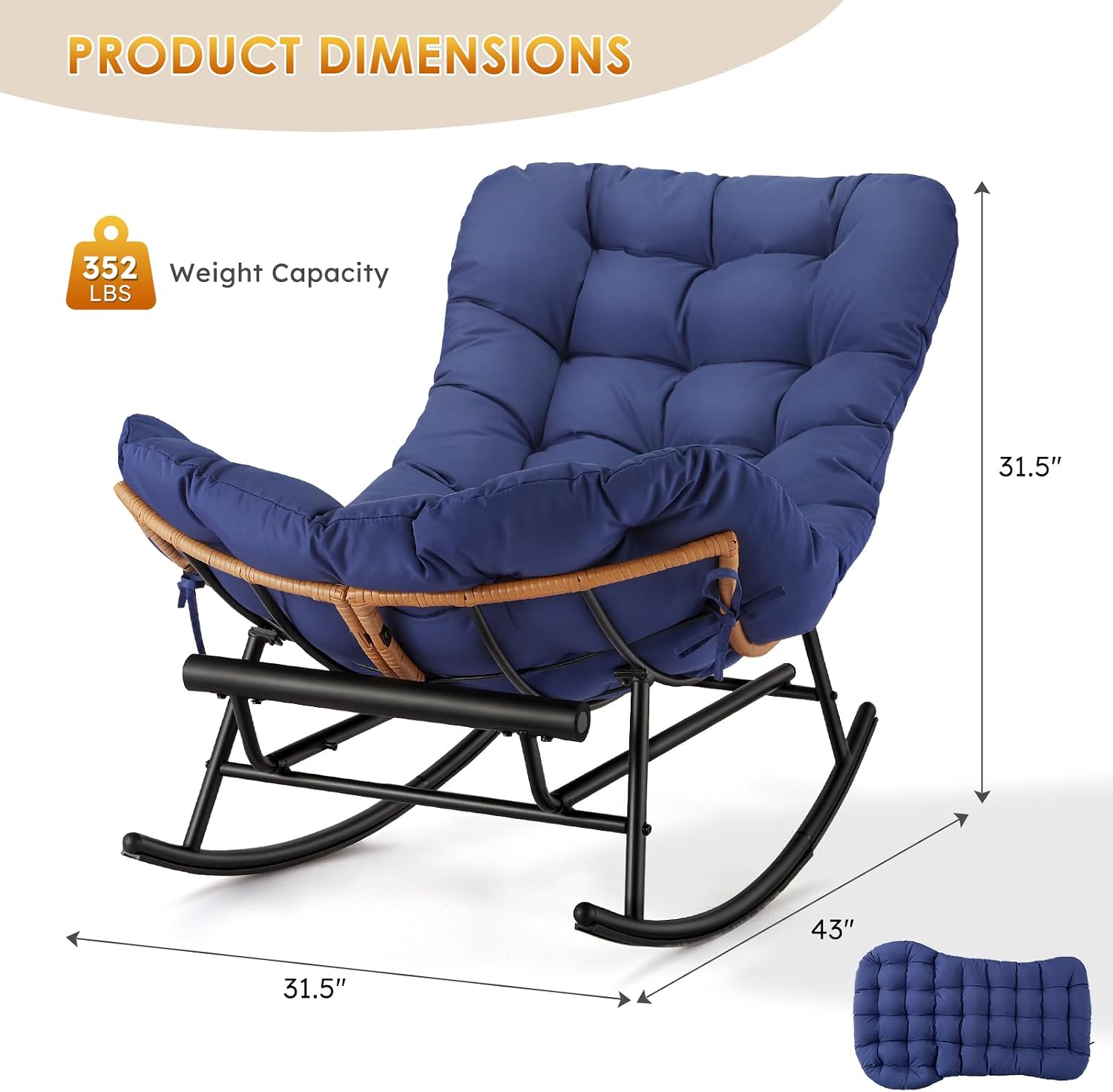Garvee 2PCS Papasan Rocking Chair with Foot Rest, Oversized Papasan Chair with Thick Removable Cushion and Metal Frame, Lounge Chairs and PE Rattan Rocker for Patio, Porch, Garden, Lawn, Living Room