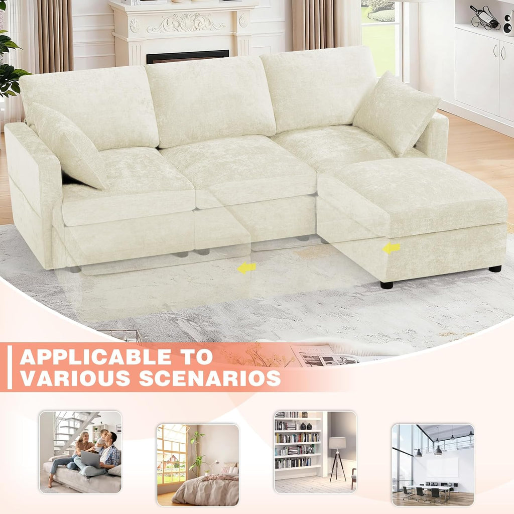 84' Chenille 3 Seats Sofa W/Movable Ottoman, Modern Fabric L-Shaped Couch with Soft Backrest, Upholstered Sectional Sofa with Armrest Pillows for Living Room, Office, Beige
