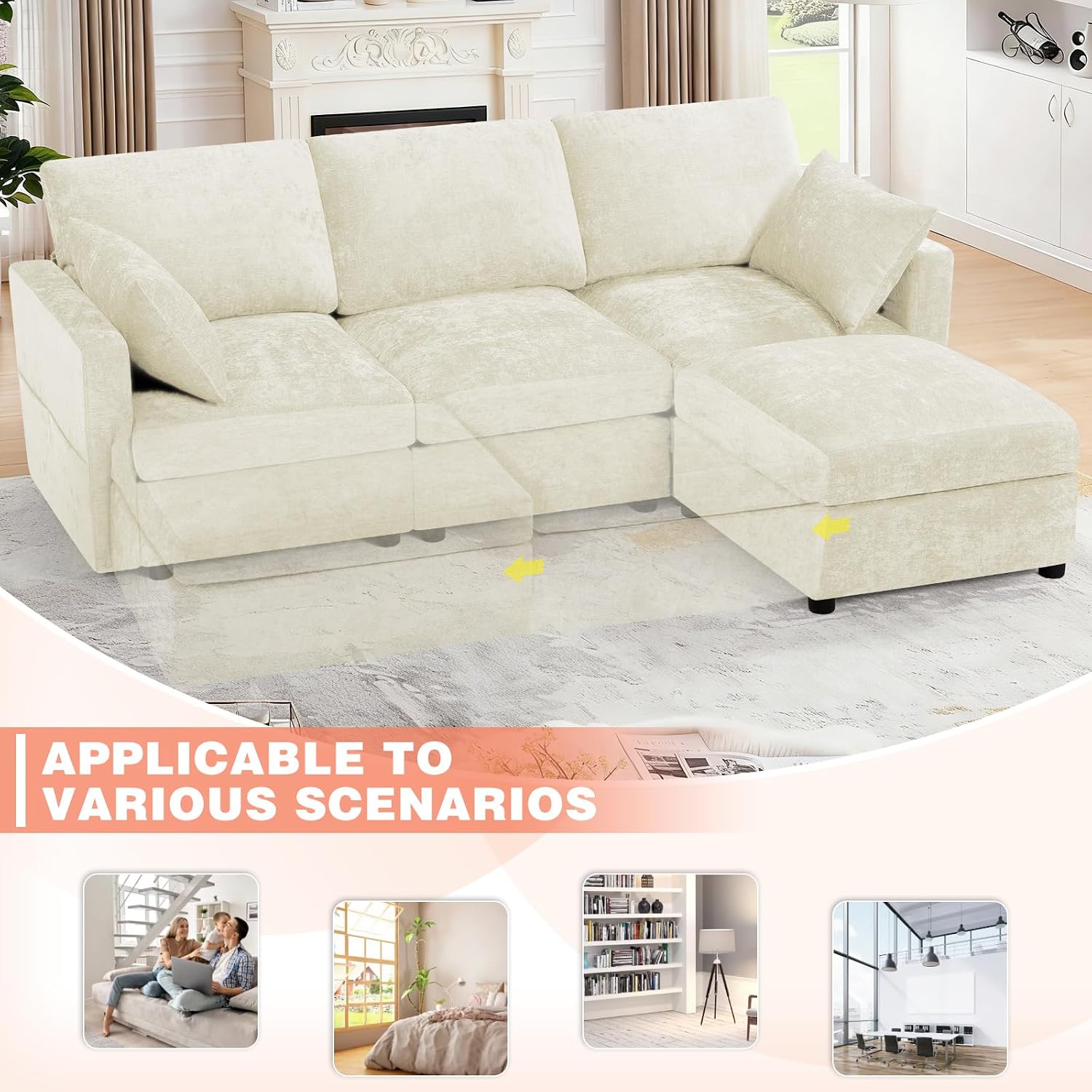 84' Chenille 3 Seats Sofa W/Movable Ottoman, Modern Fabric L-Shaped Couch with Soft Backrest, Upholstered Sectional Sofa with Armrest Pillows for Living Room, Office, Beige