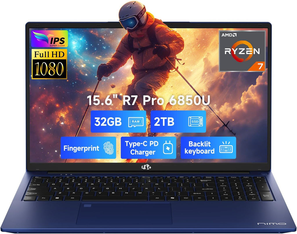 NIMO 15.6' Light-Gaming-Laptop, 8 Cores AMD Ryzen 7 Pro 6850U 32GB LPDDR5 RAM 2TB SSD (Beat i7-1360P Up to 4.7GHz) AMD Radeon 680M GPU IPS FHD Computer with 100W Type-C Backlit Keyboard Fingerprint