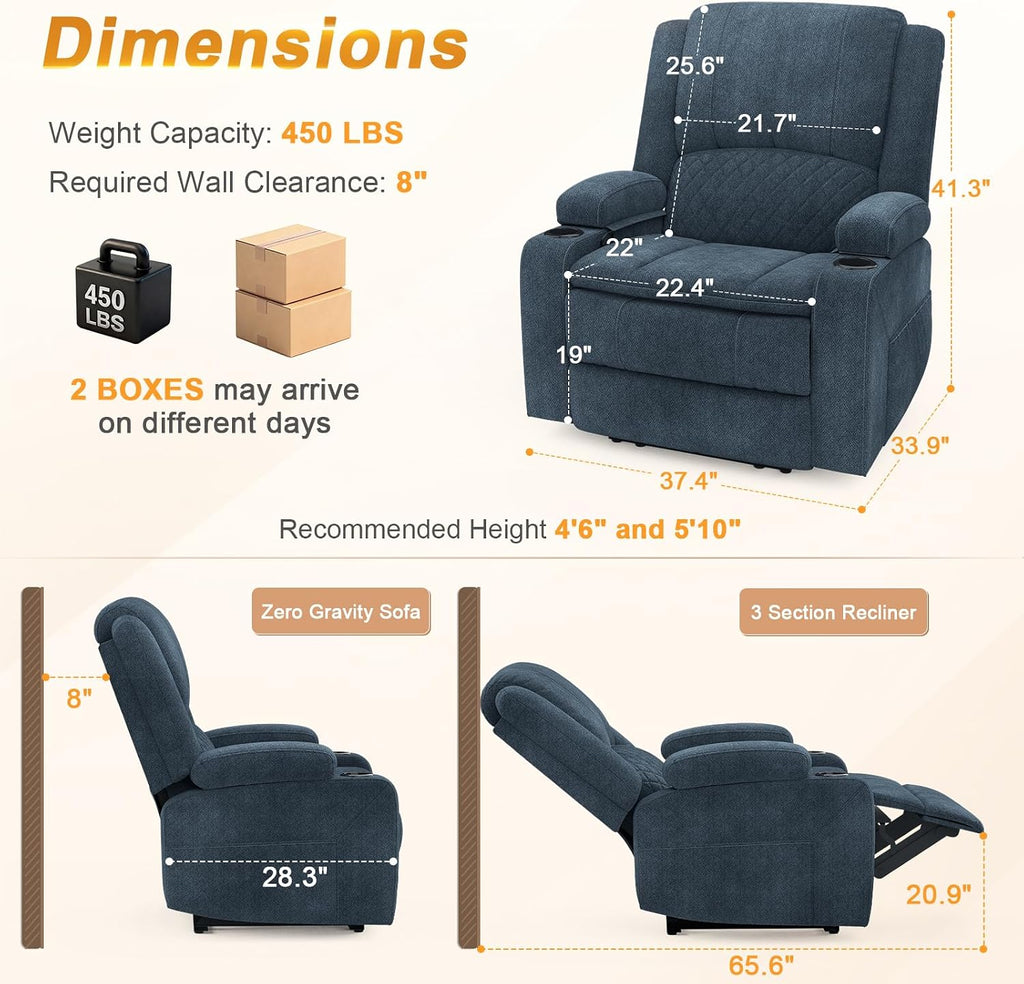 Oversized Manual Recliner Chair, 3 Angle Recliner Home Theater Seating, RV Recliner Single Sofa with Hidden Arm Storage, Cup Holder & Side Pocket (Single, Blue)