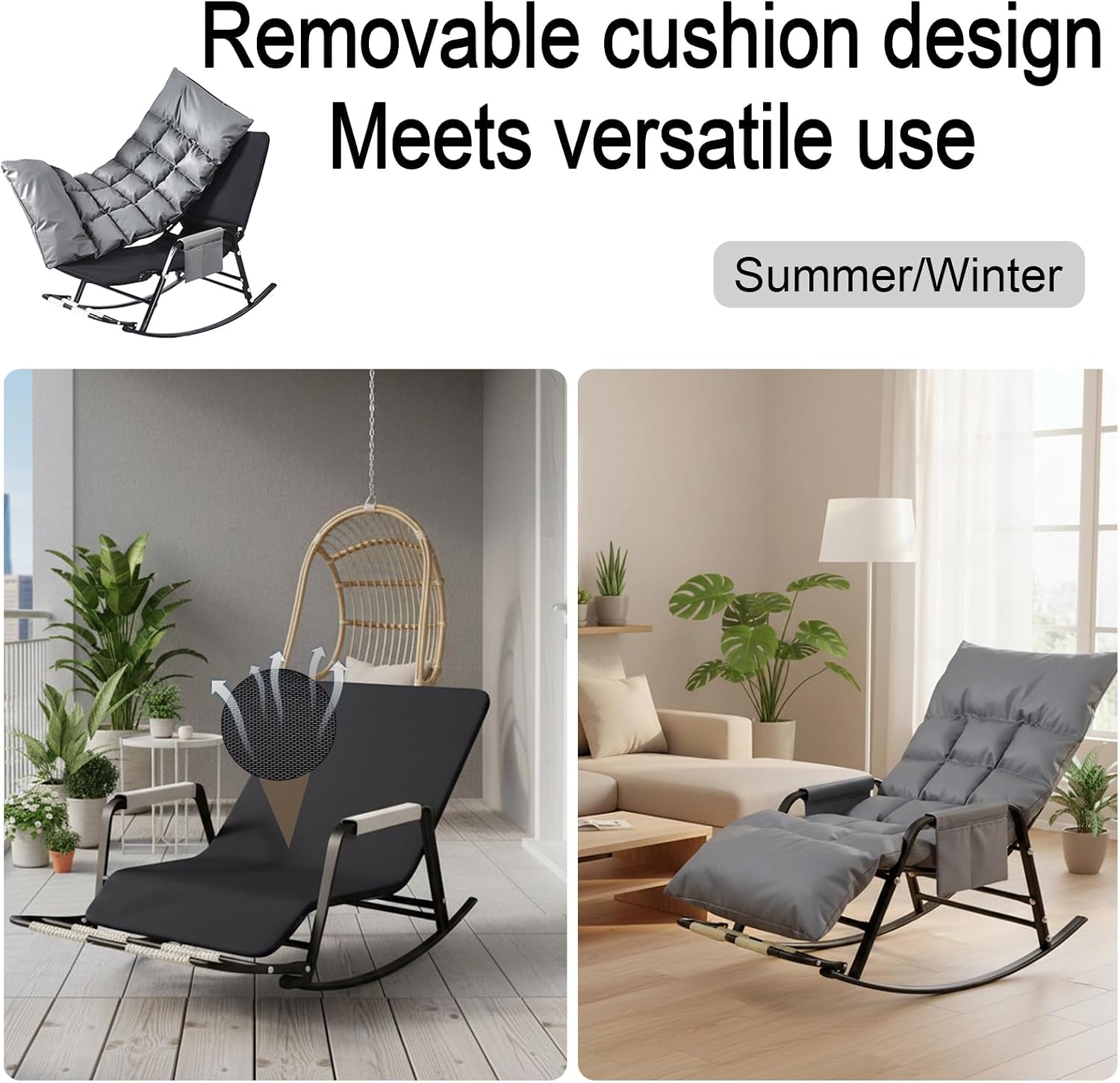 Outdoor Rocking Chair - Foldable Ottoman Glider Chair - 5-Way Adjustable Recliner Chair - Removable Waterproof Cushion ，for Porch,Patio,Garden, BalconyGrey,145 * 60 * 50cm