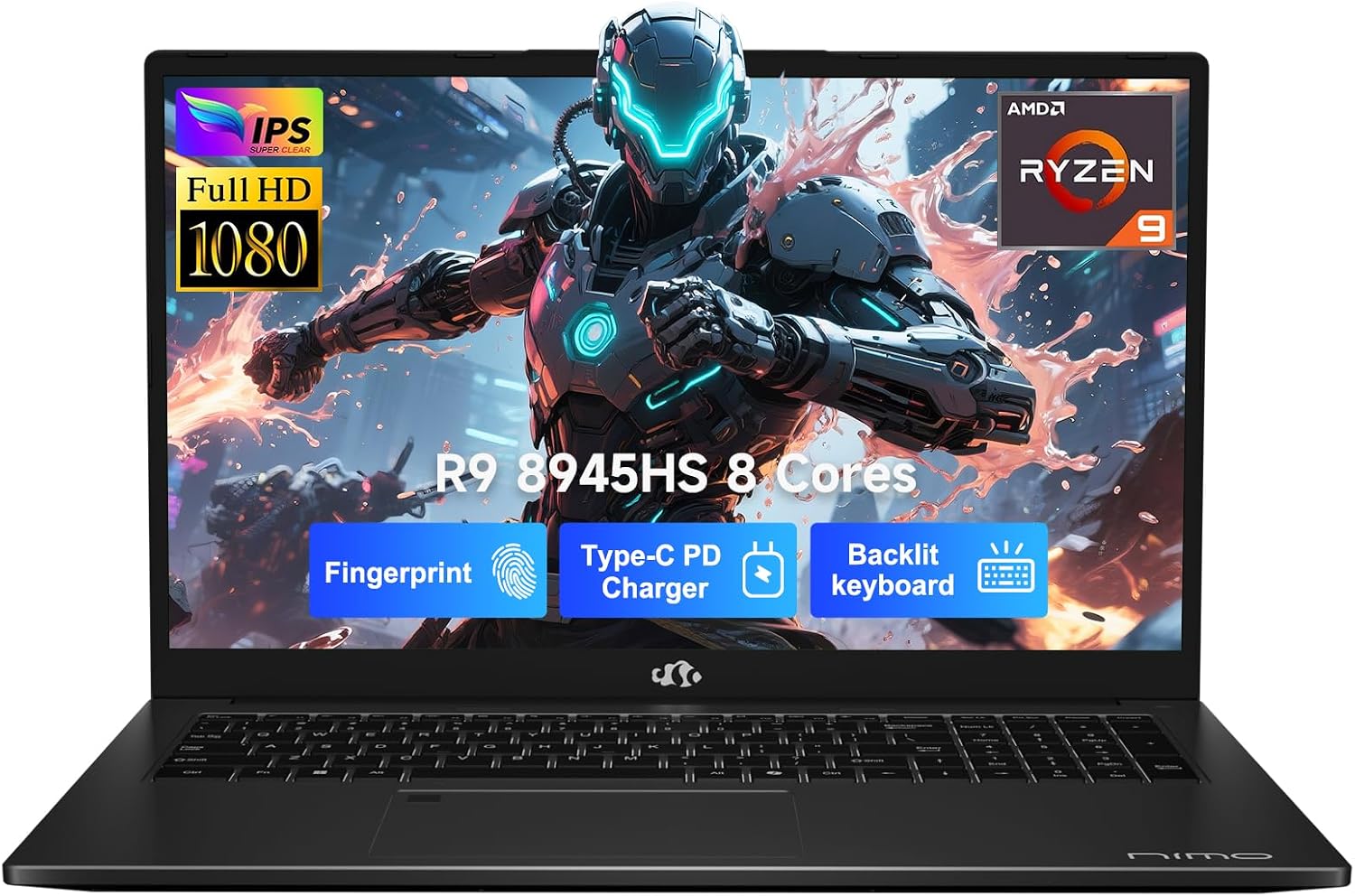NIMO 17.3 Gaming-Laptop Ryzen 9 8945HS (>i9-13900H) 32GB RAM, 2TB SSD, Radeon 780M, USB-C 4.0 AI-Enhanced for Copilot VR Ready, PD 100W Backlit KB Fingerprint Unlock, Gaming Student Office Business