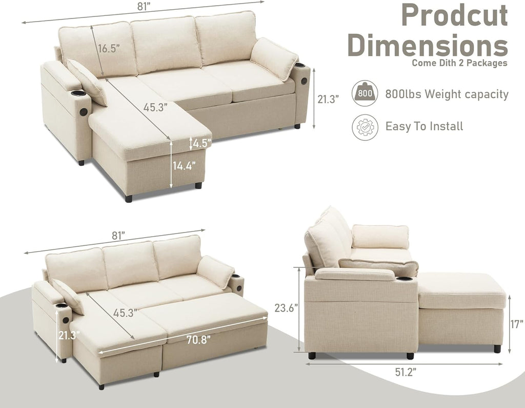 DURASPACE Sofa Bed Sleeper Pull Out 2 in 1 Sectional Sleeper Sofa Couches with Storage,USB, Cup Holder,Pullout Sectional Couches for Apartment Living Room (Beige)