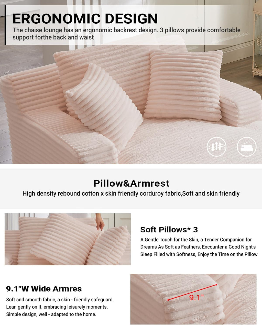 ivoros 50 Inch Chaise Lounge Chair Indoor, Oversized Corduroy Upholstered Boneless Sofa Bed, Deep Seat Sleeper Couch Reading Chairs, Cloud Sofas Couches for Living Room, No Assembly Required (Pink)