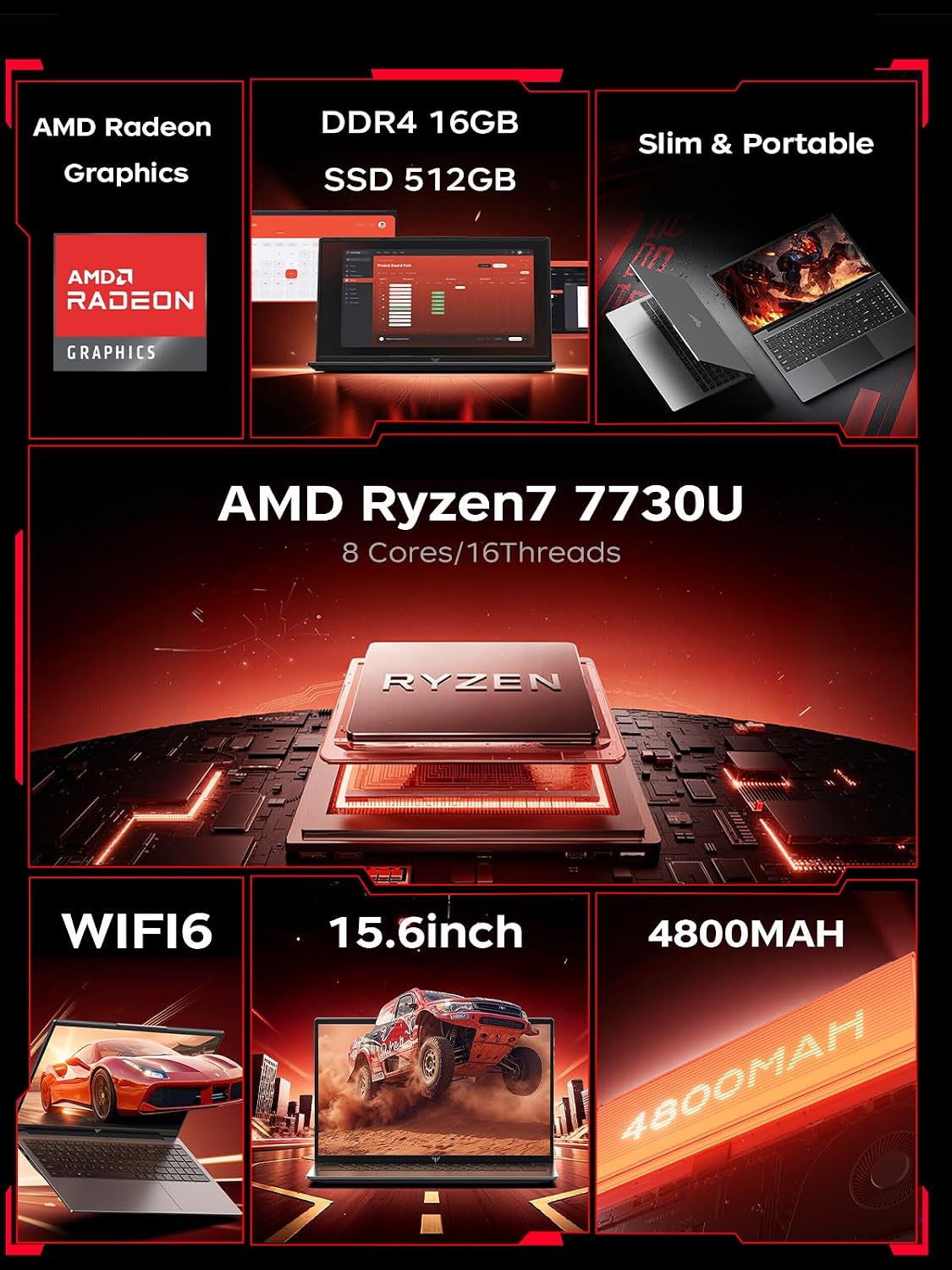 Light Gaming Laptop with AMD Ryzen7 7730U Processor（Up to 4.5GHz,8C/16T),16GB DDR4 RAM 512GB SSD, AMD Radeon Graphics,WiFi 6,15.6 inch IPS Display,Webcam, Windows 11 Laptop Computer for Video Editing