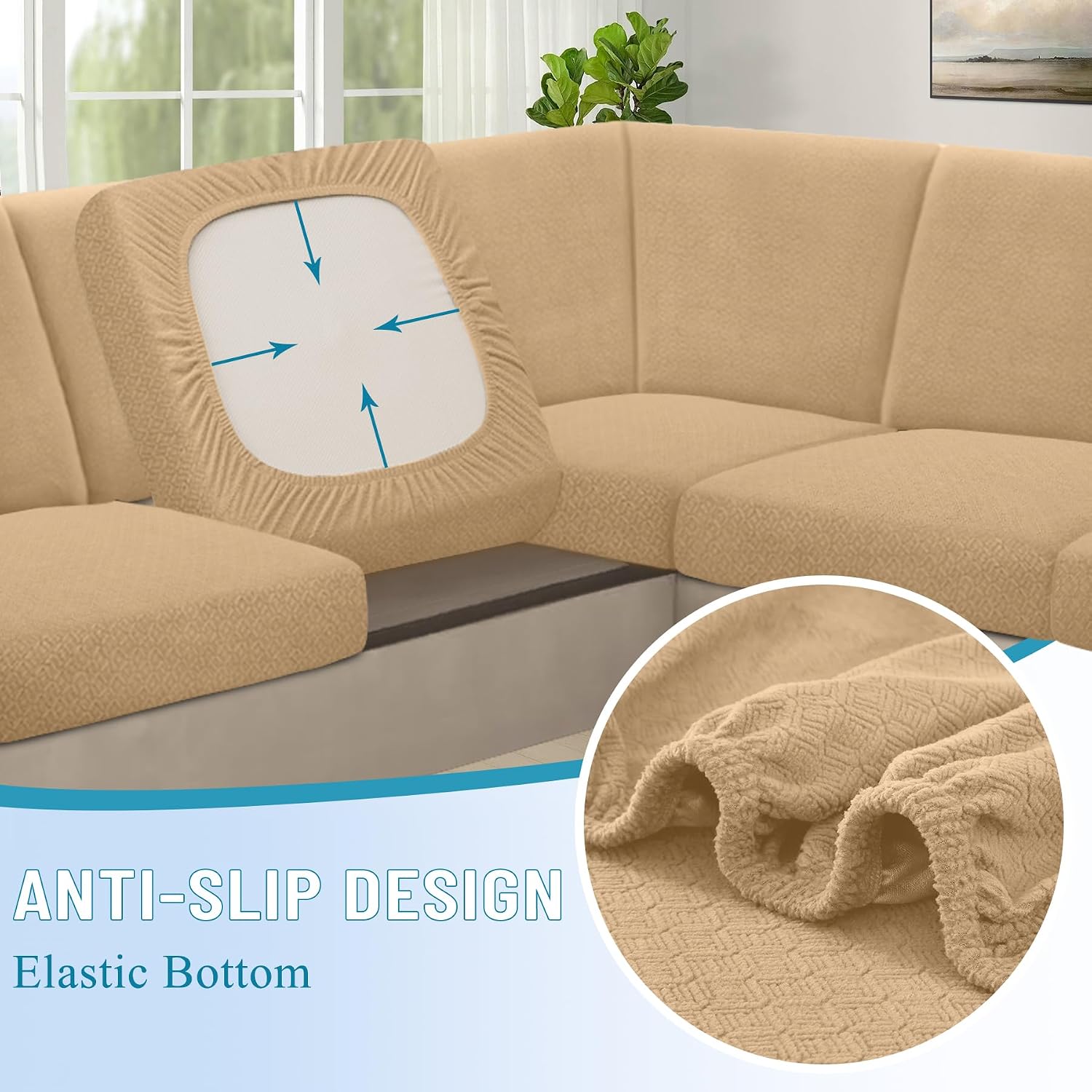 HDCAXKJ Waterproof Sectional Couch Cushion Covers 11 Pieces Stretch Jacquard L Shaped Corner Sofa Slipcover Back Cover Soft Sofa Seat Cushion Covers for Dogs Pet (5 Seater and 6 Backrest, Apricot)
