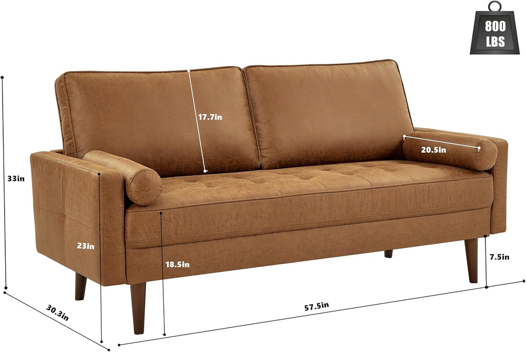 HIFIT 58' Loveseat Sofa Couch, Mid Century Modern Faux Leather Couch with Hand-Sewn Deep Love Seat & 2Pillows, Home Sofa Living Room Small Couches for Small Space,Bedroom,Office,Solid Wood Frame,Brown