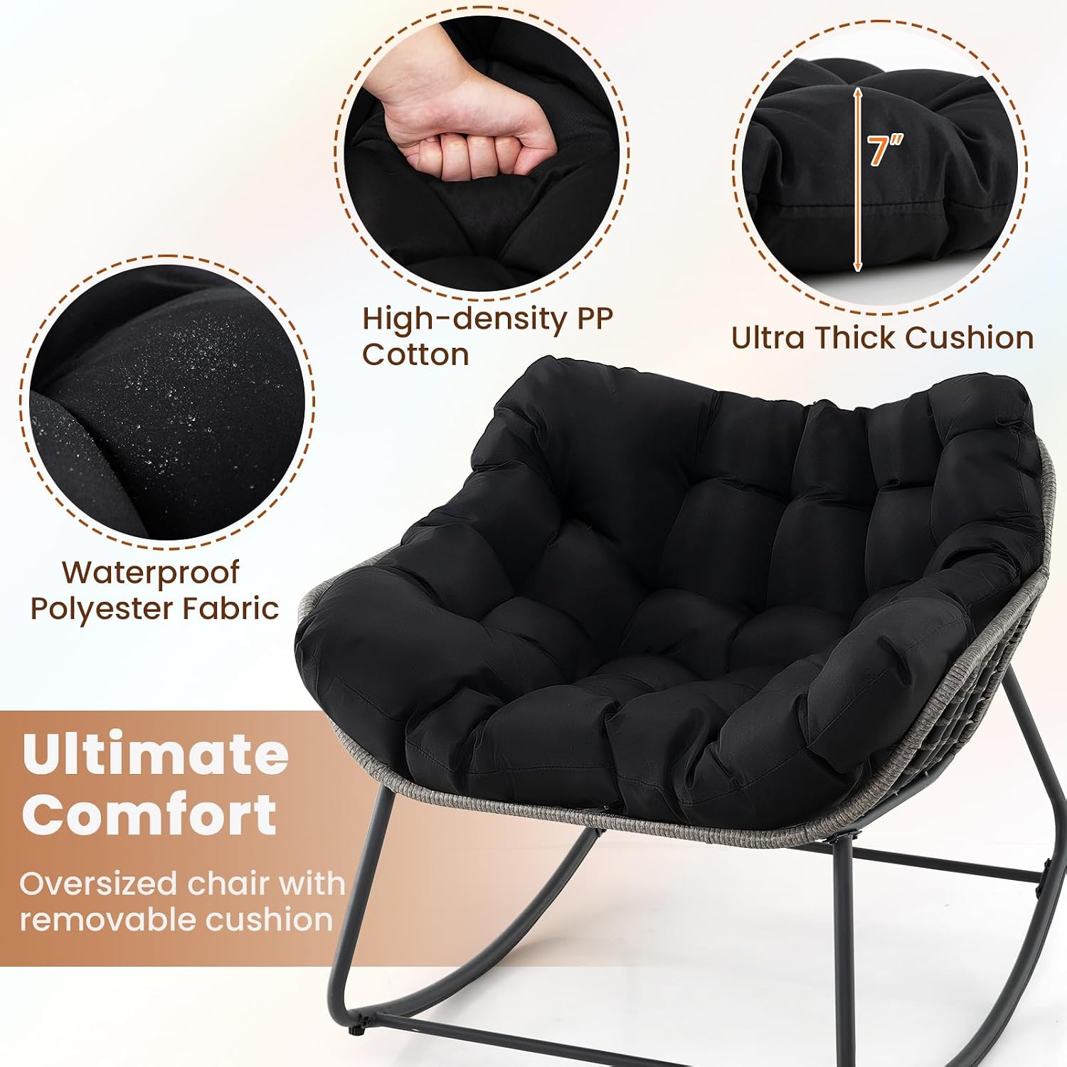Giantex Set of 2 Outdoor Rocking Chair with Padded Cushion, Oversized Papasan Chair, PE Rattan, Egg Rocker for Reading, Front Porch, Garden, Patio, Backyard (Black)