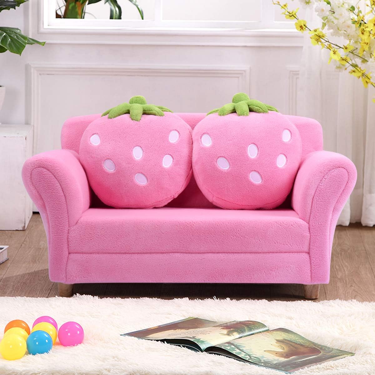 Costzon Kids Couch, Double Seat Pink Children's Sofa with 2 Strawberry Pillows, Toddler Armrest Chair for Bedroom, Living Room, Large Soft for Kids Loveseat for Baby Girls Pets Preschool Gifts