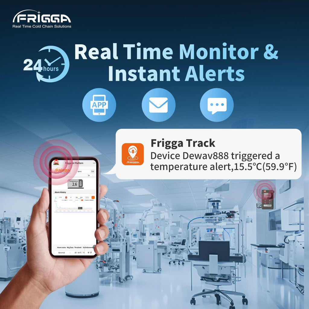 Frigga T72 4G/5G Temperature Monitor Real-Time Reusable Temperature Data Logger with Ultra-Low External Sensor Remote Digital Refrigerator Thermometer Rechargeable 24/7 Monitoring & Instant Alerts