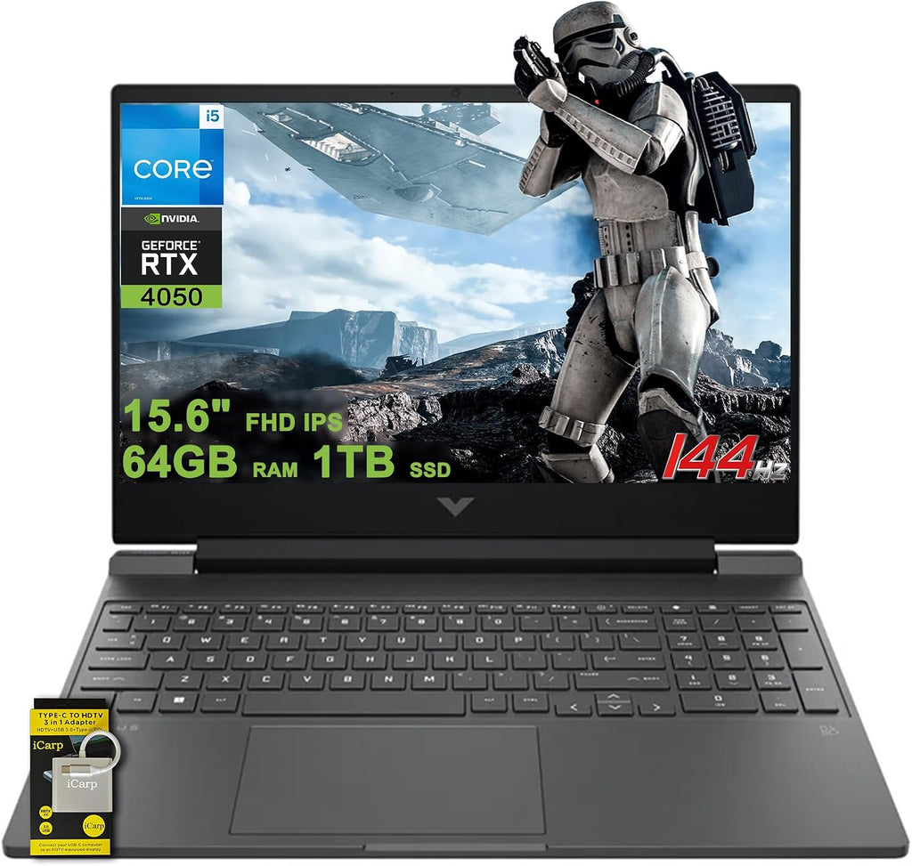 HP Victus Gaming Laptop 15.6' FHD IPS 144Hz Intel 8-core i5-13420H (>i7-12650H) 64GB RAM 1TB SSD GeForce RTX 4050 Backlit Type-C B&O Fast Charging Win11 ICP Hub
