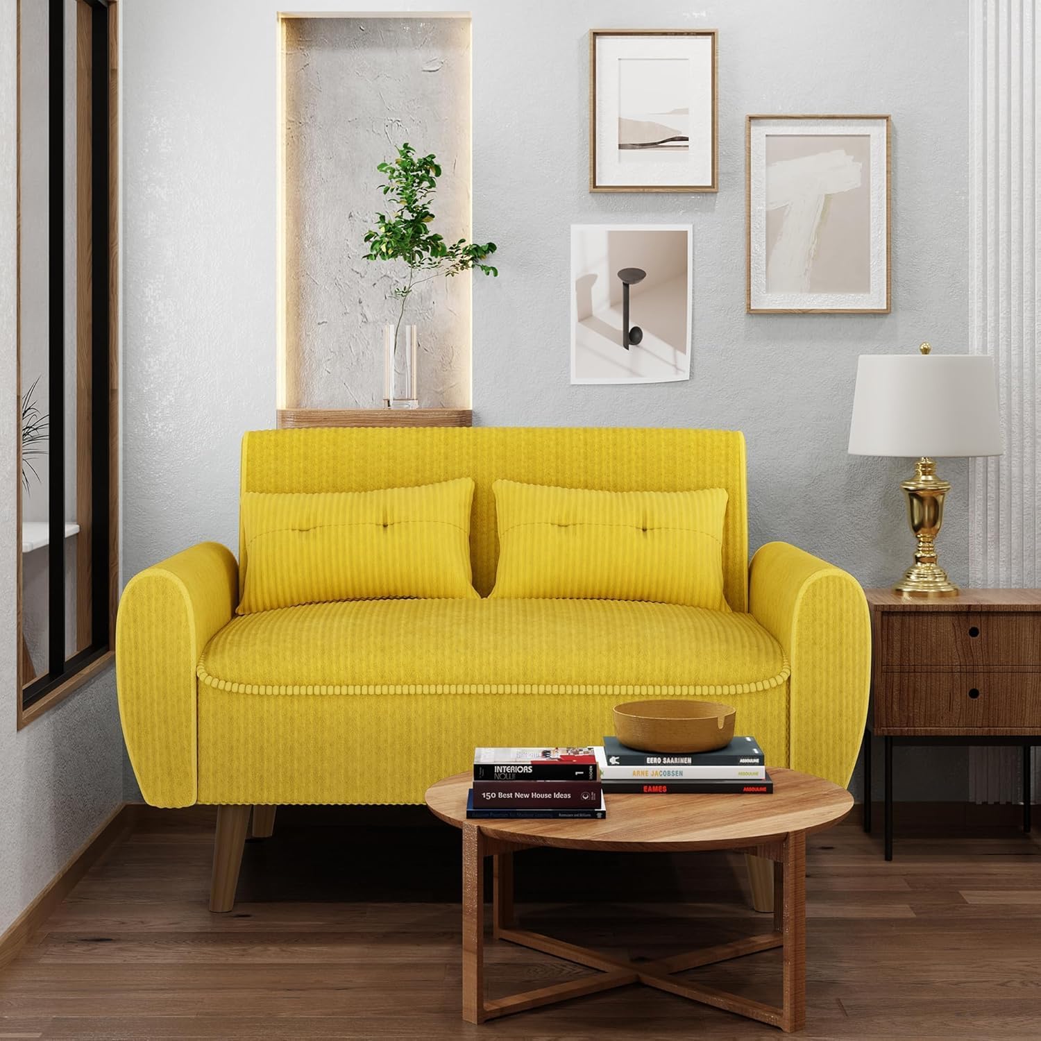 Shintenchi 48'' Loveseat Sofa, Mid-Century Modern Upholstered Couch Deep Seat with 2 Pillows, 10' Thick Cushion with Spring, Solid Wood Frame Small Couch for Living Room, Dorms & Office, Yellow