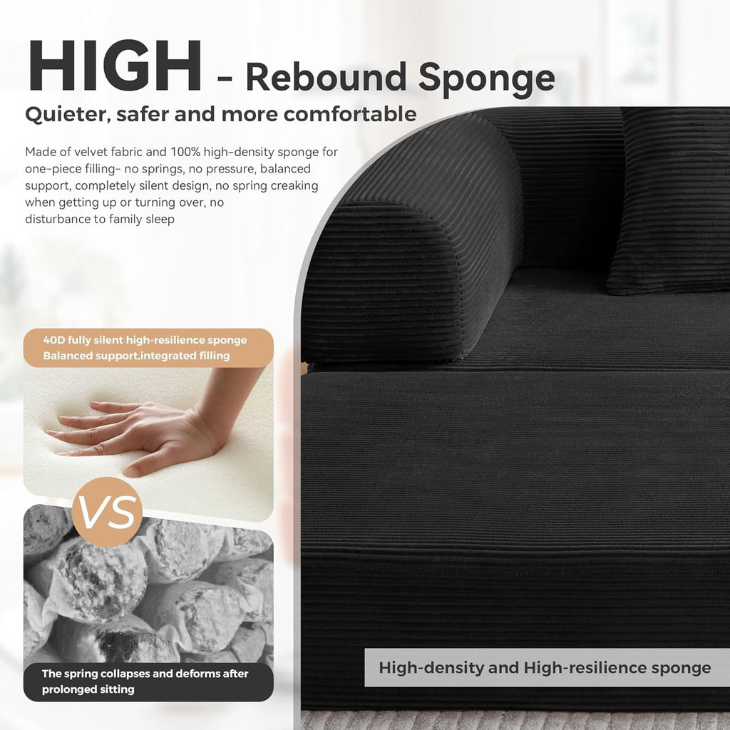 Upgraded 79' High Backrest Sofa Bed with Fixed Frame, Corduroy Fabric Convertible Couch for Small Spaces, Removable Armrests & Backrest, No Assembly Required (Black)