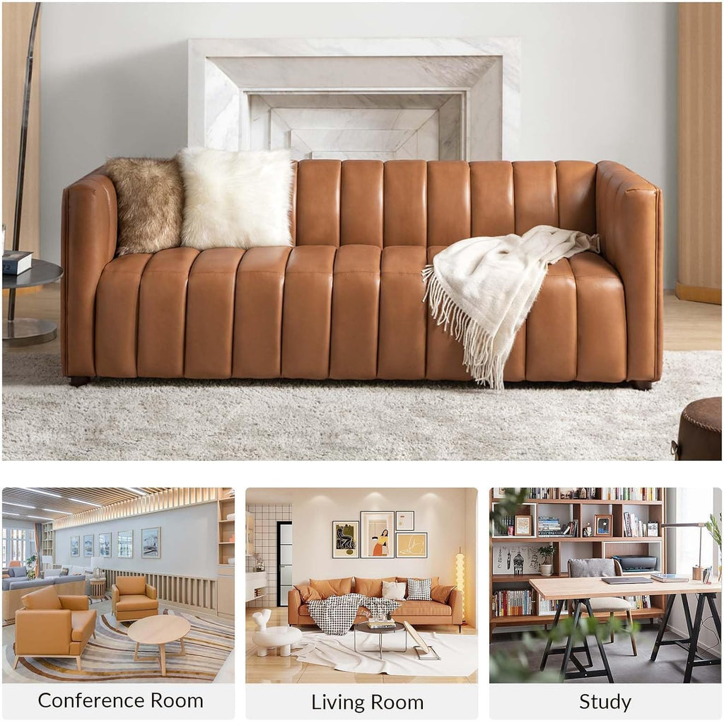 HULALA HOME 83' Genuine Leather Sofa with Channel Tufted Design, 3-Seater Sofa for Living Room Bedroom, Modern Oversized Couch with Wood Legs, Camel