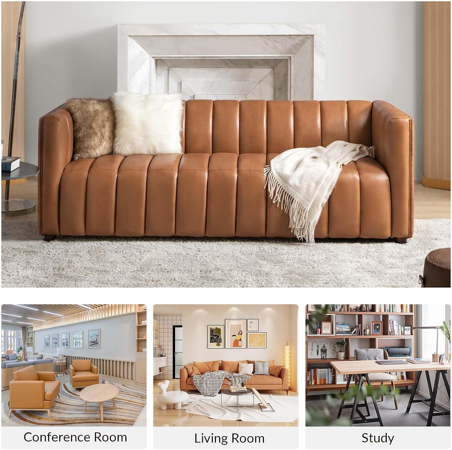 HULALA HOME 83' Genuine Leather Sofa with Channel Tufted Design, 3-Seater Sofa for Living Room Bedroom, Modern Oversized Couch with Wood Legs, Camel