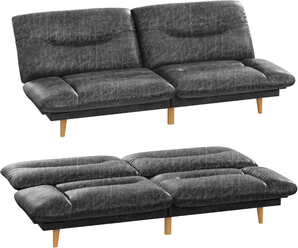 Homall Futon Sofa Bed, Modern Loveseat Futon Couch with Adjustable Backrest and Armrests, Sleeper Sofa Bed with Wood Frame for Living Room, Office, Apartment (Leathaire, Coal Black)