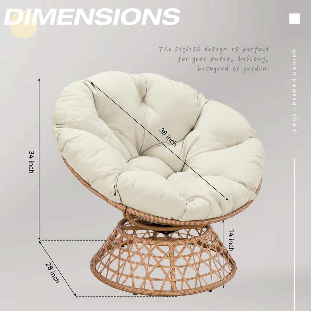 38'' 360 Degree Swivel Wicker Papasan Chair with Cushion and Base - Thickened Rattan Swivel Papasan Chair with Soft Cushion and Durable Frame, Oversized Reading Chair for Living Room, Beige
