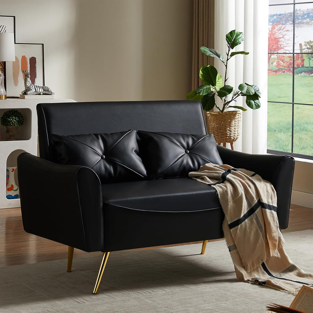 Brelice 48' Faux Leather Loveseat Sofa, Modern Small Couch for Small Space with 2 Pillows, 2 Seater Couch for Living Room, Bedroom, Office, Apartment (Black)