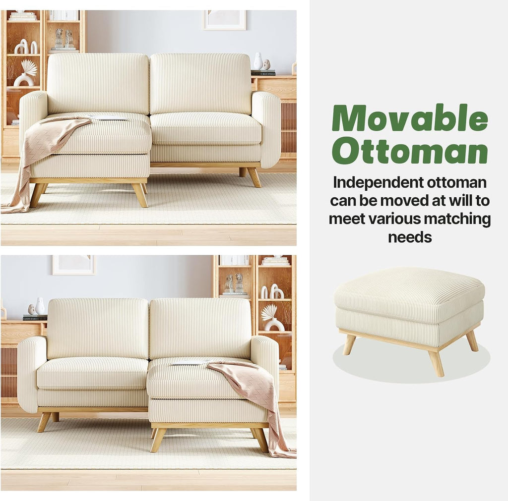 Vesgantti 68' Loveseat Sofa with Movable Ottoman, Comfy Corduroy Couch with Spring Cushion, Sofa Couch with Solid Wood, Modern Office Sofa with Deep Seat for Living Room and Bedroom, Beige