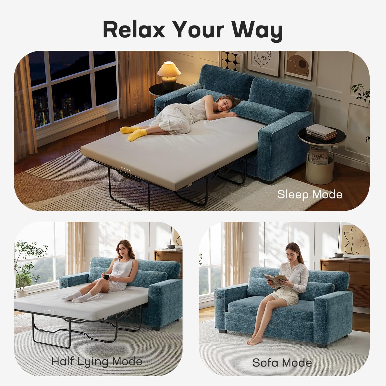 Marsail Pull Out Sofa Bed, Queen Size Sleeper Sofa with Memory Foam Mattress, 2 USB Charging and Removable Covers, Loveseat for Living Room, Apartment, Supports 600 LBS, Chenille Fabric, Blue
