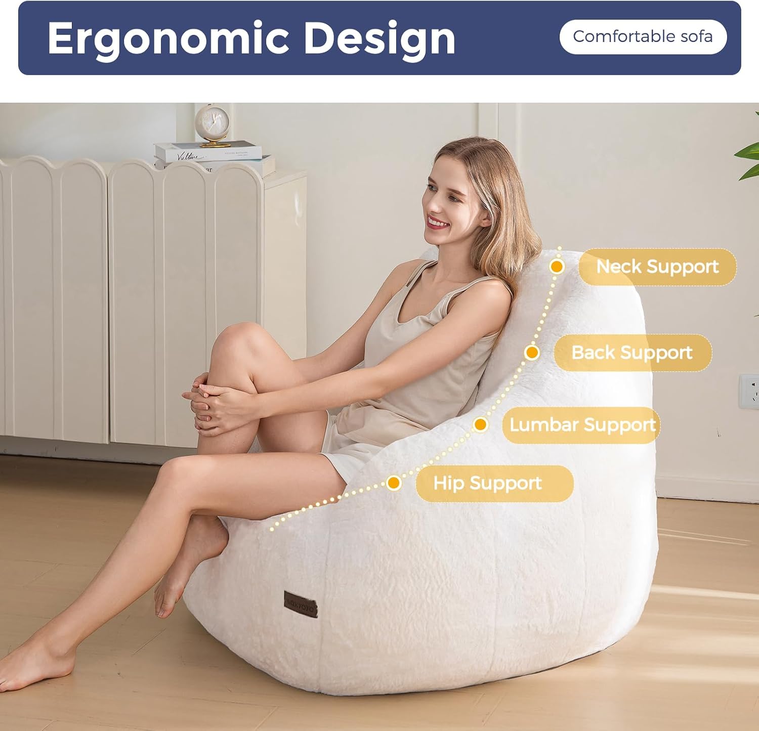 MAXYOYO Bean Bag Chair, Comfy Bean Bag Sofa with Back Support, Faux Fur Bean Bag Chair for Adults and Kids, Stuffed Floor Sofa for Living Room, Bedroom, Apartment, Beige