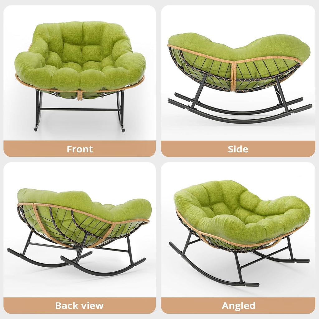 Easyego Oversized Papasan Rocking Chair Indoor Outdoor Use, Comfortable Wicker Rocker with Cozy Thicken Cushion for Deck, Balcony, Poolside, Lawn, Bedroom, Living Room, Green