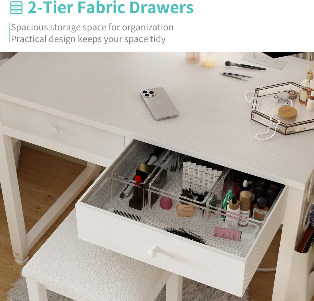 Lufeiya Small Makeup Vanity Desk with Fabric Drawers, 32 inch White Vanity Desks with Mirror and Light, Dressing Table and Chair Set with Power Outlet for Girls Bedroom, White