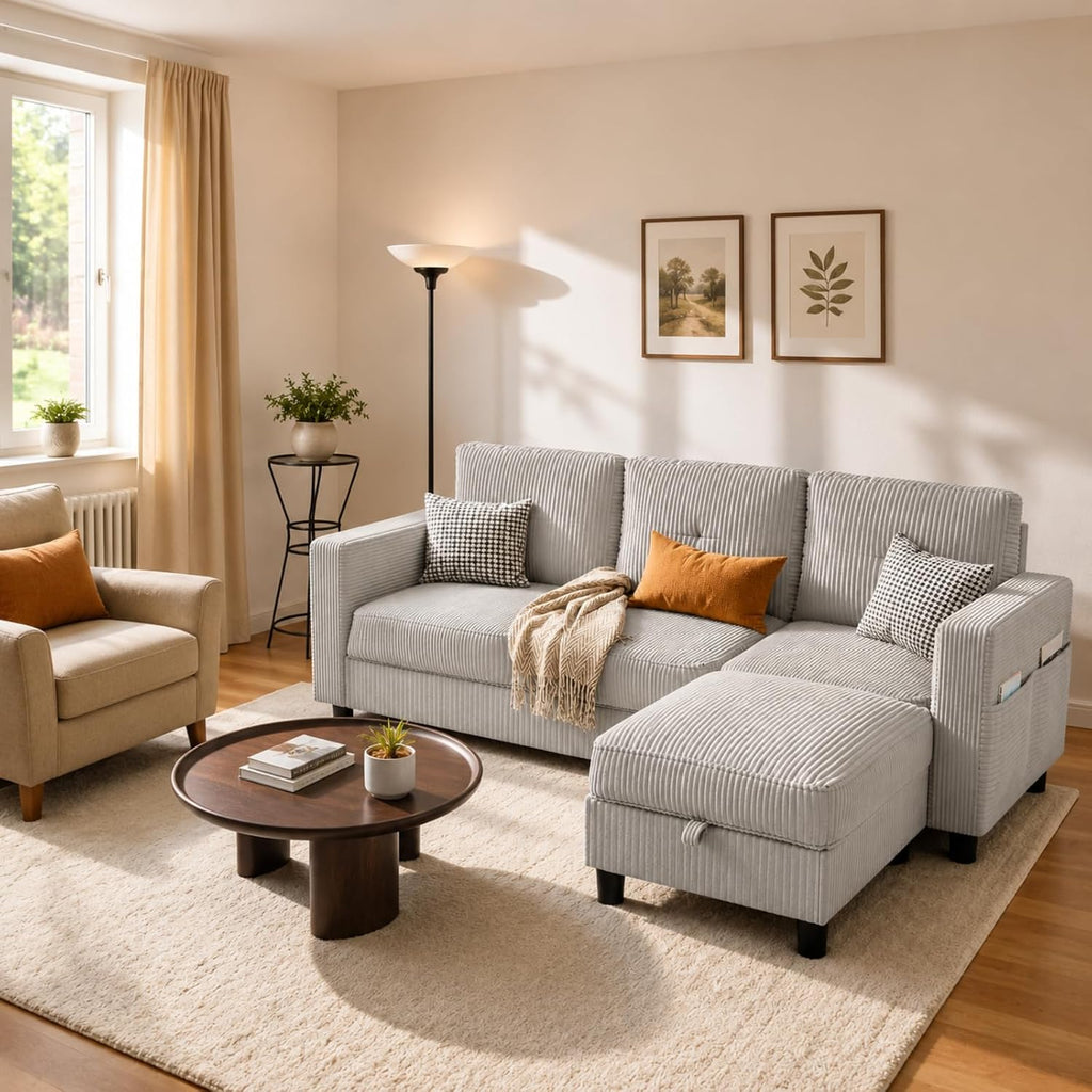 Convertible Sectional Sofa with Storage Ottoman, 77' L-Shaped 3-Seat Couch with Skin-Friendly Corduroy Fabric, Reversible Small Sectional for Small Space, Apartment, Living Room and Office (Grey)