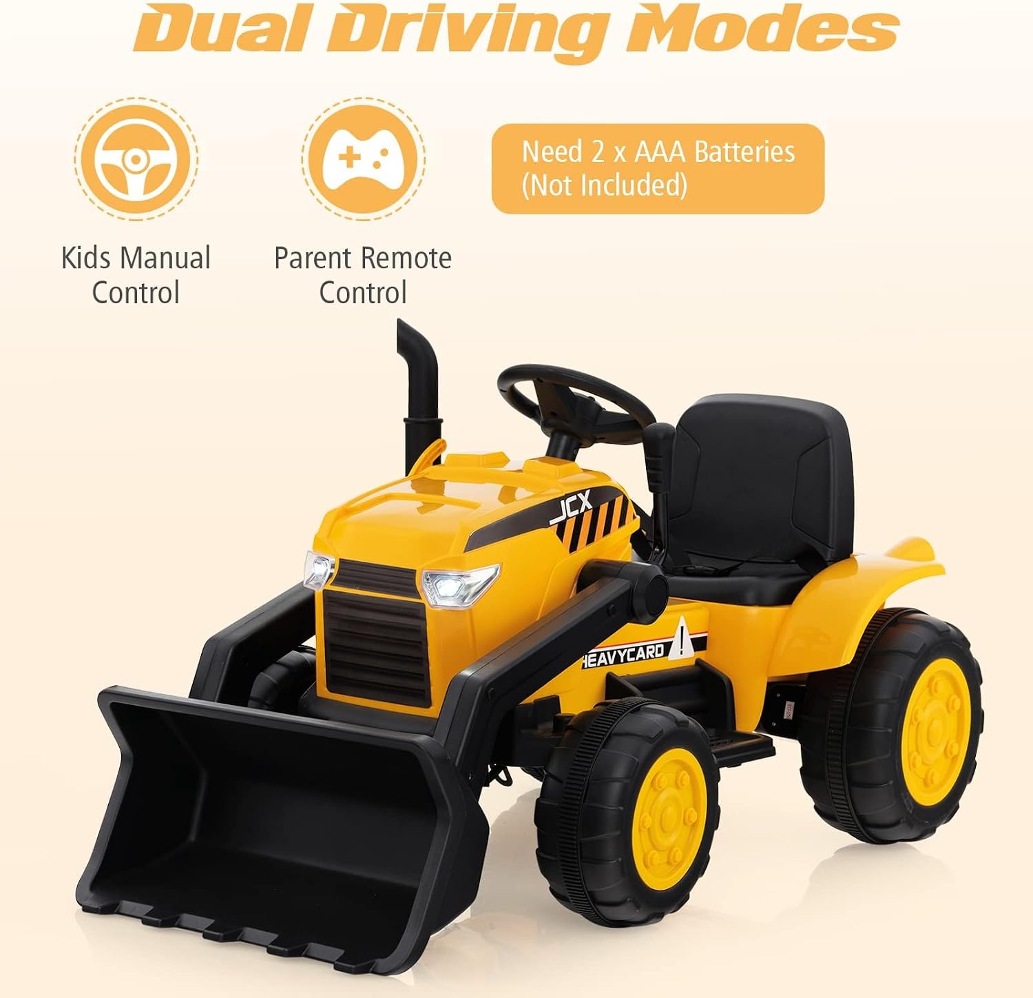 OLAKIDS Kids Ride on Car, 12V Electric Excavator Vehicle Construction Truck with Remote Control, Adjustable Bucket, Toddlers Battery Powered Bulldozer Tractor with 2 Speeds, Music, Citrine