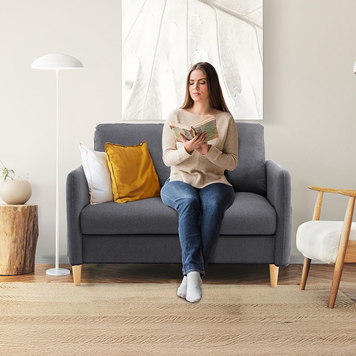 VINGLI 47' Small Couch, Dark Grey Linen Loveseat Sofa Mini Couch Mid Century Modern Decor Love Seat for Small Spaces Living Room, Bedroom, Play Room