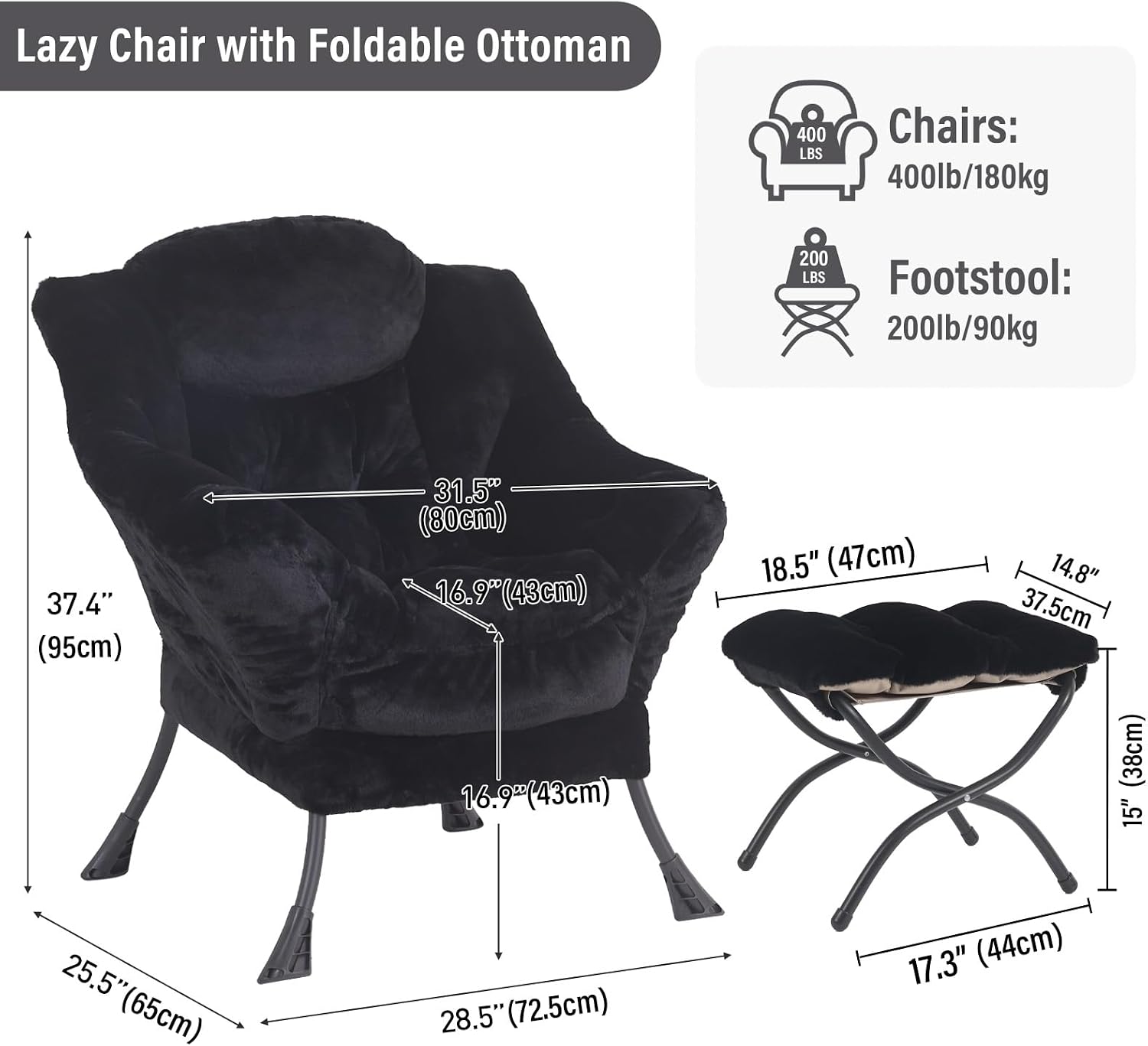 Furlide Lazy Chair with Ottoman, Modern Accent Chair with Armrests and a Side Pocket, Plush Black Accent Chairs, Reading Chairs, Oversized Armchairs for Bedroom, Study, Living Room, Courtyard