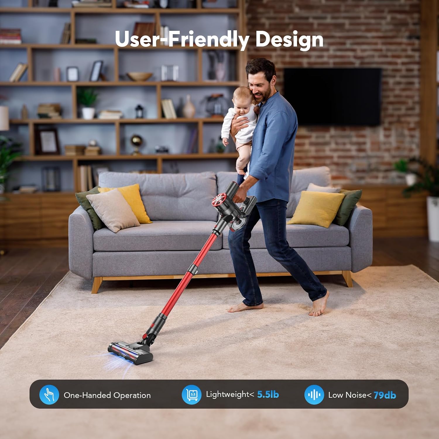 Comvtu 80,000PRM Powerful 4 in 1 Lightweight Stick Vacuum with 2 Adjustable Suctions, Max 40 Mins Runtime, 2600mAh Rechargeable Vacuum Cleaners (Camellia)