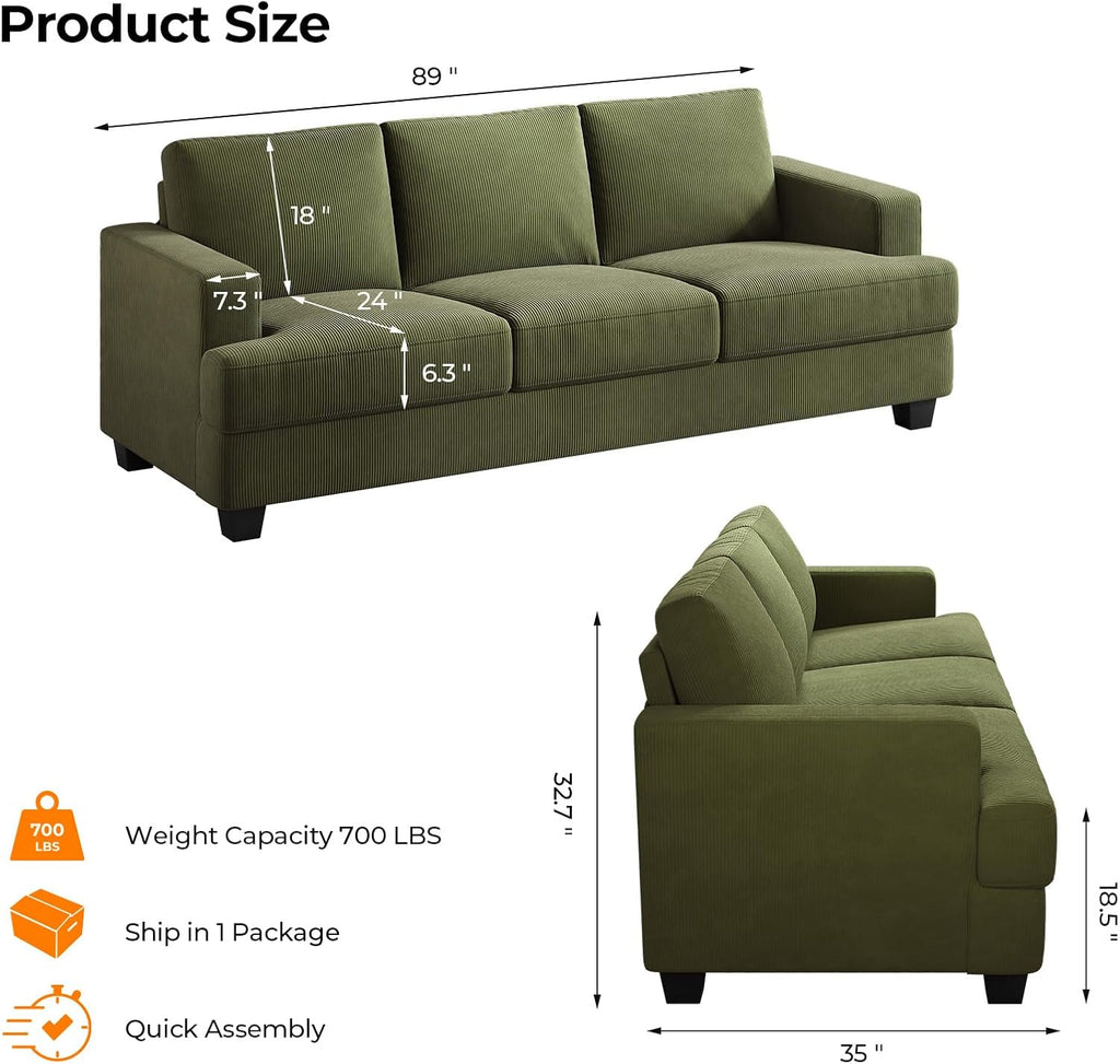 COPIAE 89 Inch Sofa with Extra Deep Seats Oversize, 3 Seater Sofa for Living Room, Modern Couch and Sofa, Comfy Armrests and Seats and Backrests, Easy Installation, Corduroy Fabric Green
