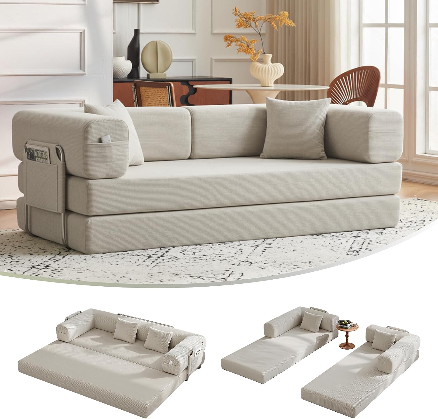 Carzzi-Life 79' Convertible Sofa Bed with Pillows, Corduroy Folding Sleeper Sofa with Fixed-Shape Frame, Boneless Couch for Living Room Bedroom, Floor Sofa Lounge No Assembly Required (Beige)