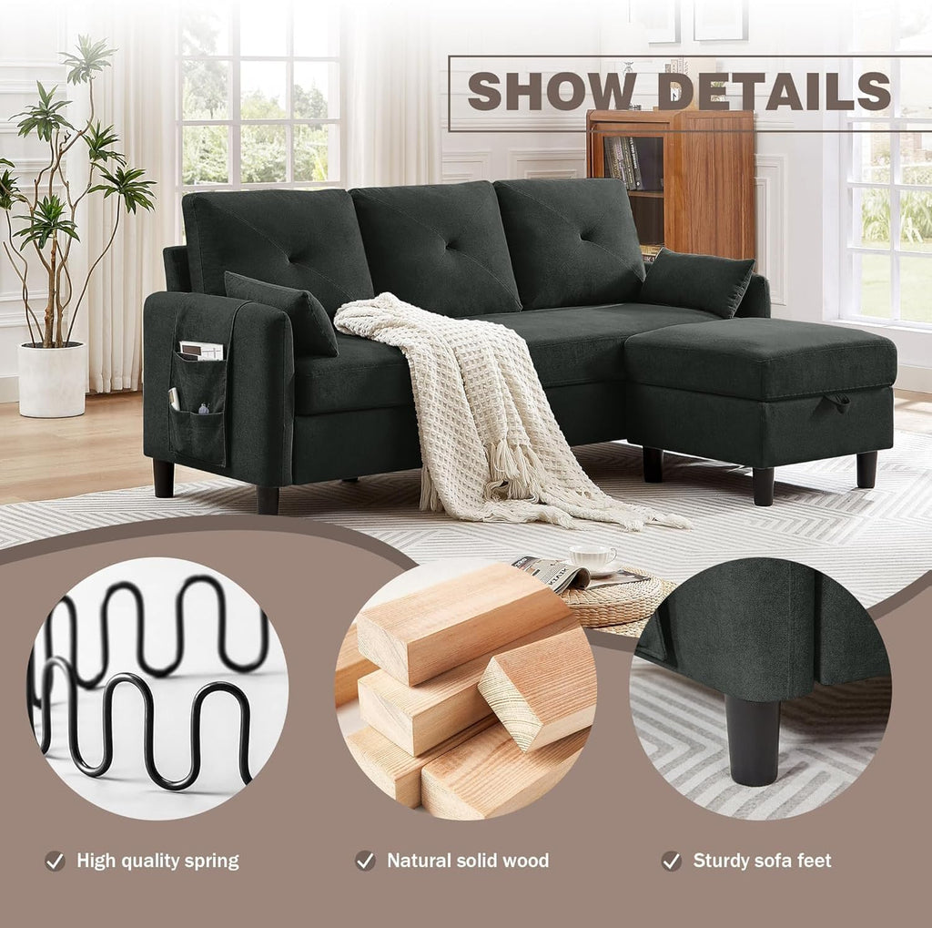 Convertible Sectional Sofa, 77' Small L Shaped 3 Seat Couch with Reversible Storage Chaise, Modern Polyester Fabric Sofa Couches for Living Room, Apartment and Small Space, Black