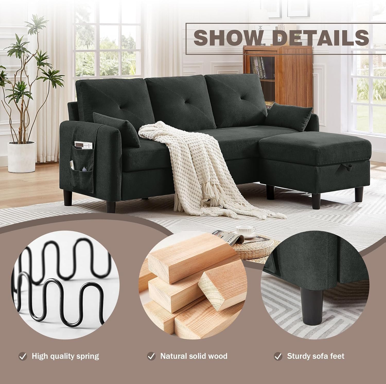 Convertible Sectional Sofa, 77' Small L Shaped 3 Seat Couch with Reversible Storage Chaise, Modern Polyester Fabric Sofa Couches for Living Room, Apartment and Small Space, Black