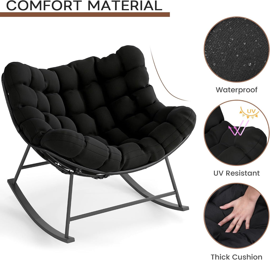 Oversized Wicker Papasan Rocking Chair, Indoor Outdoor Egg Chair Rocker, Comfy Patio Recliner with Modern Egg Style, Black